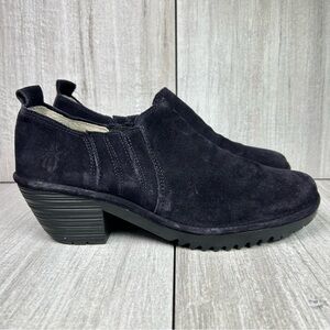 Fly London Dark Blue Suede Heeled Slip On Clog Booties Womens Size 10 EUR 41